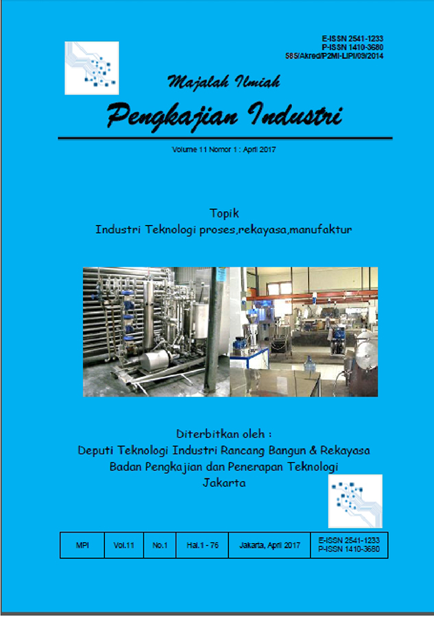 					View Vol. 11 No. 1 (2017): Majalah Ilmiah Pengkajian Industri; Journal of Industrial Research and Innovation
				